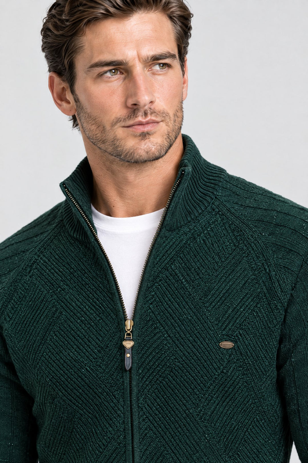 The Holland Zip Cardigan in Forest Green, detail