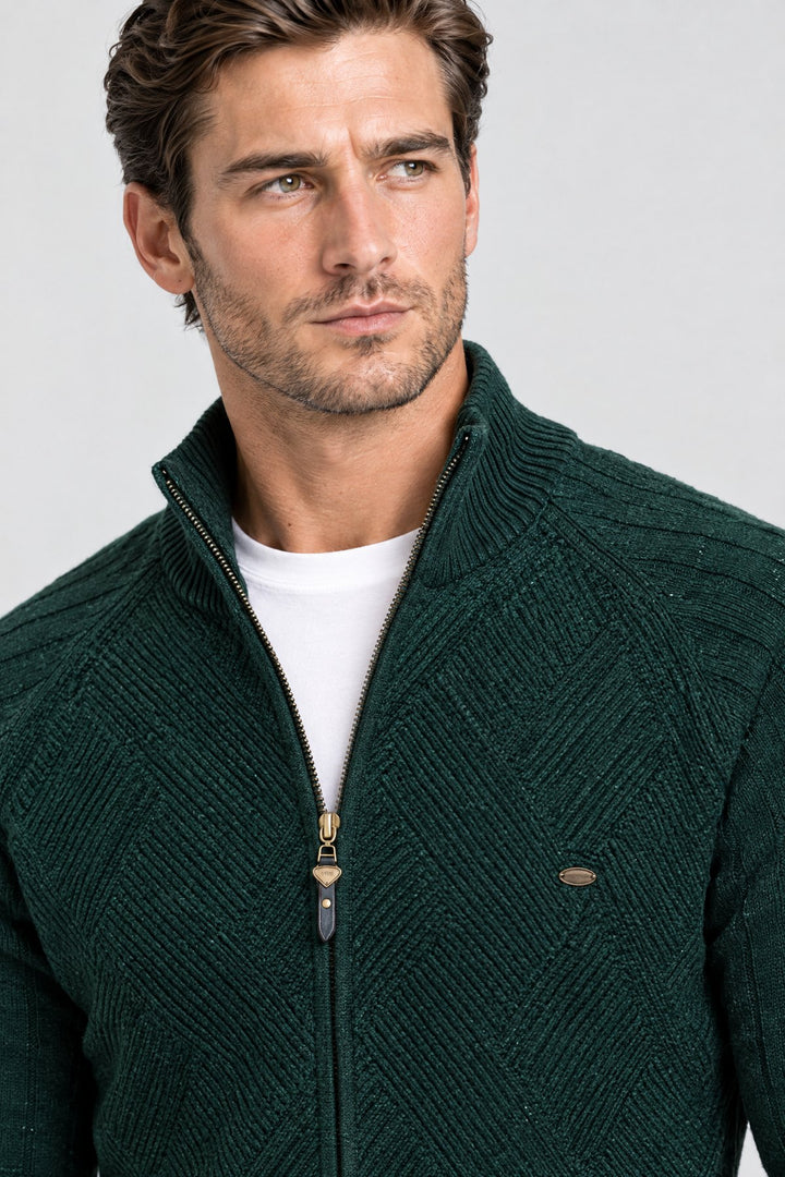 The Holland Zip Cardigan in Forest Green, detail
