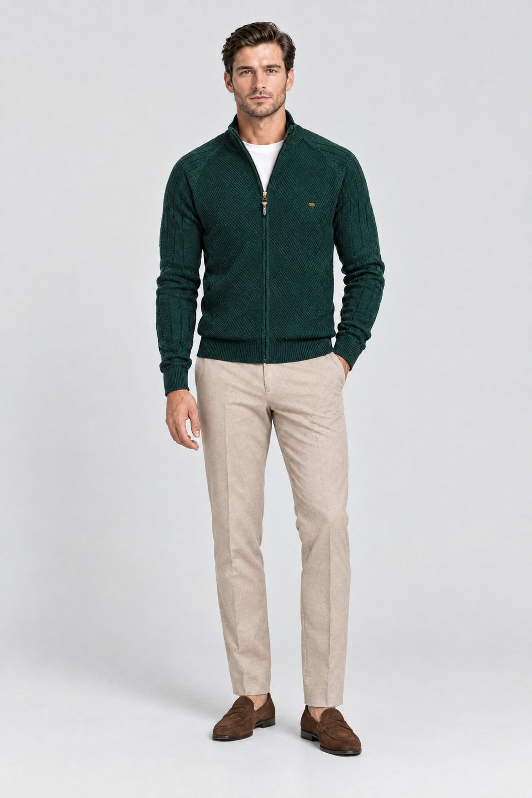 The Holland Zip Cardigan in Forest Green, full length