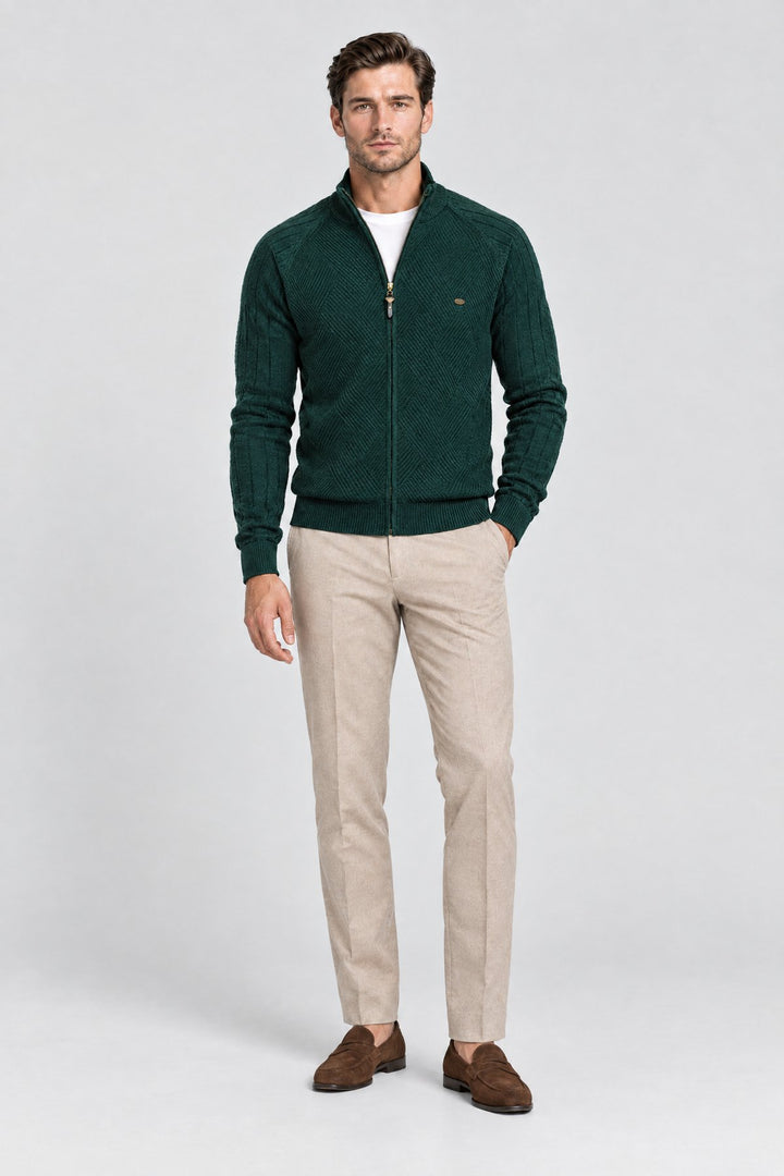 The Holland Zip Cardigan in Forest Green, full length