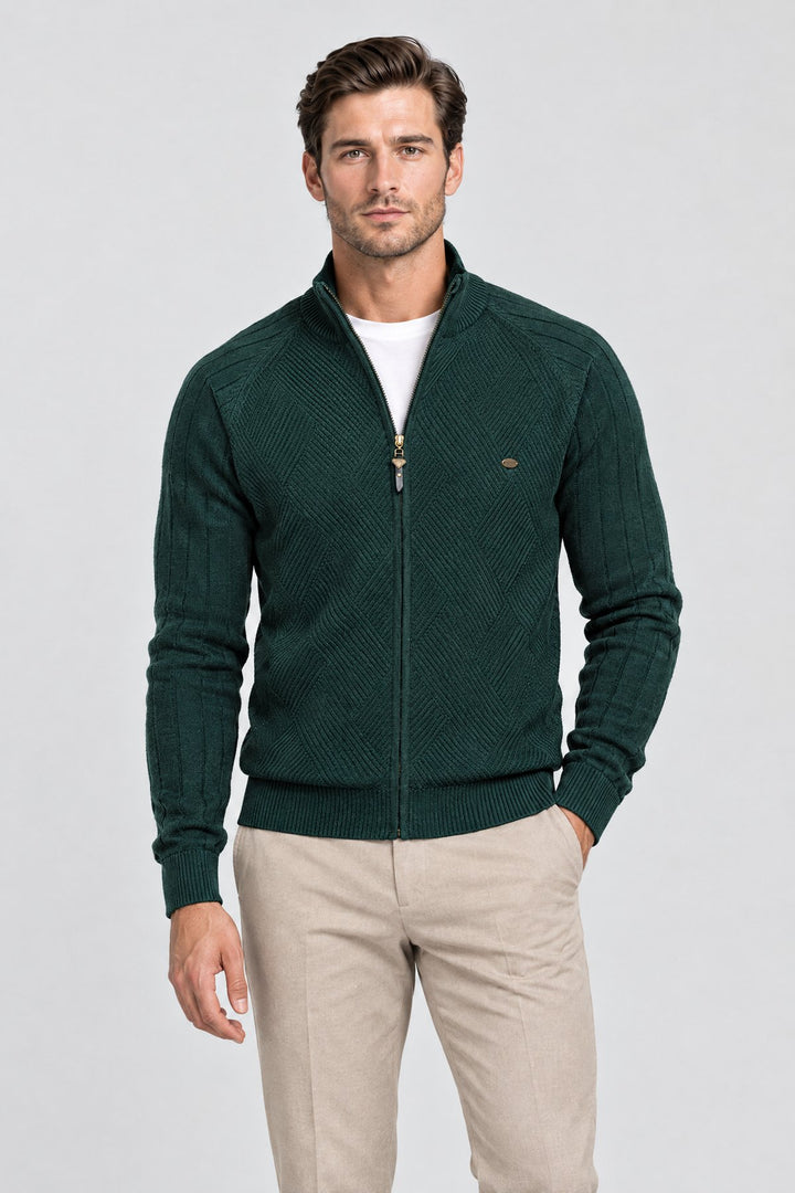 The Holland Zip Cardigan in Forest Green worn by model