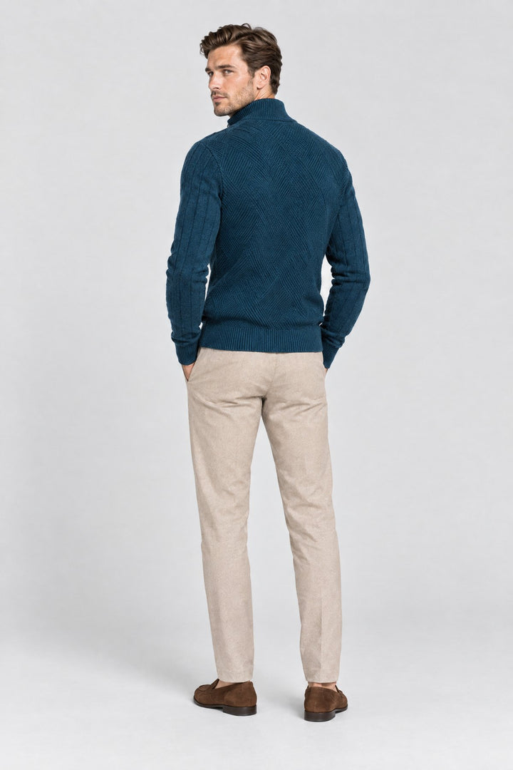 The Holland Zip Cardigan in Petrol Blue, back view