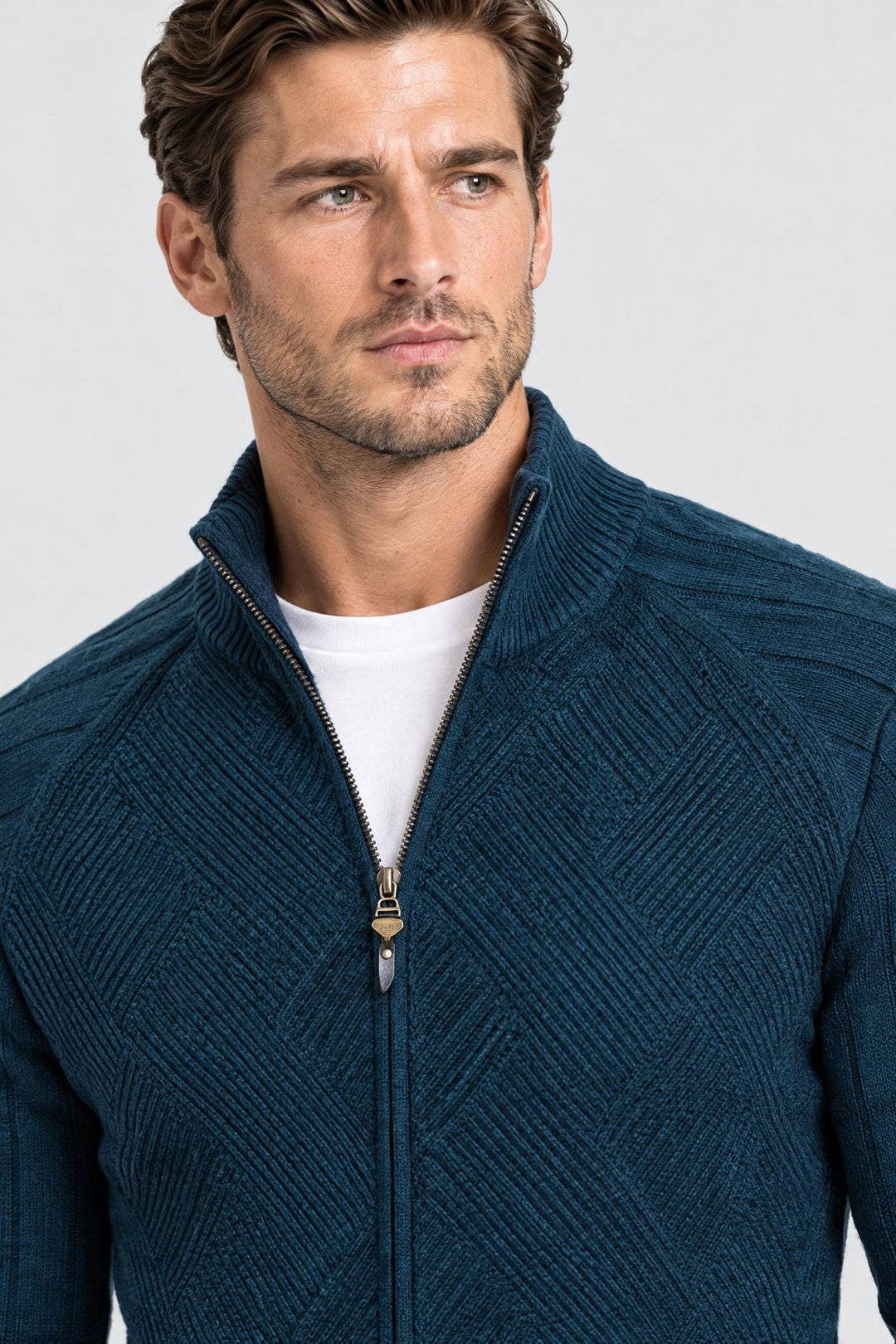The Holland Zip Cardigan in Petrol Blue, detail
