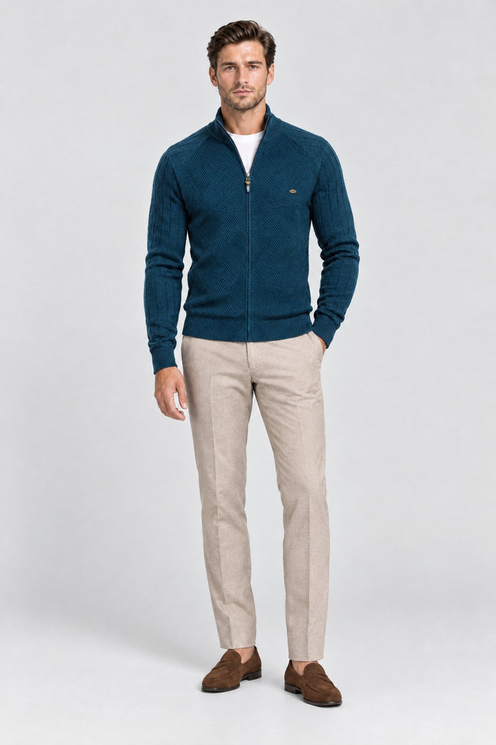 The Holland Zip Cardigan in Petrol Blue, full length