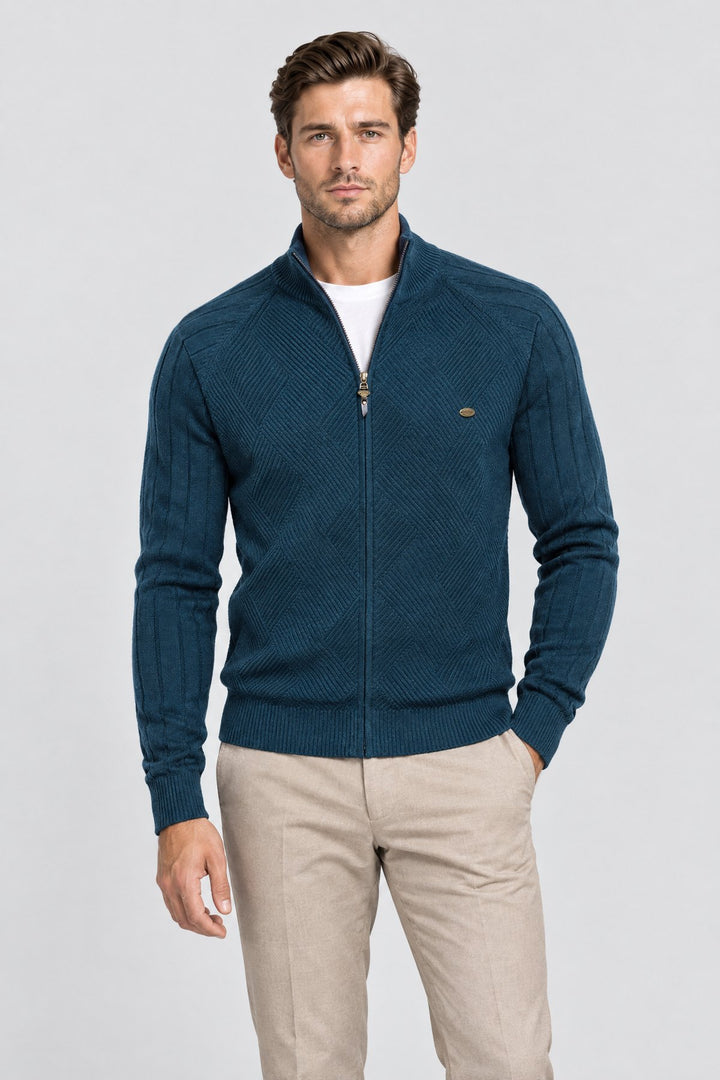 The Holland Zip Cardigan in Petrol Blue worn by model