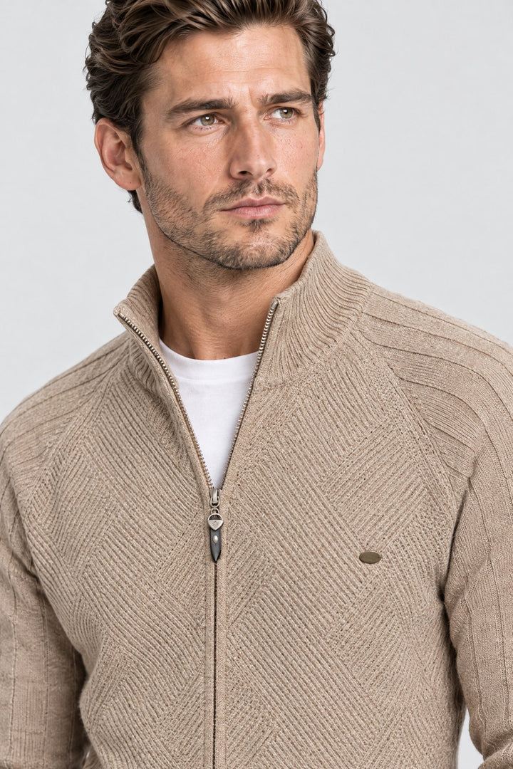 The Holland Zip Cardigan in Sand, detail