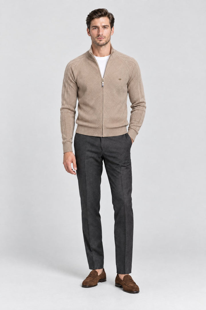 The Holland Zip Cardigan in Sand worn by model — full length