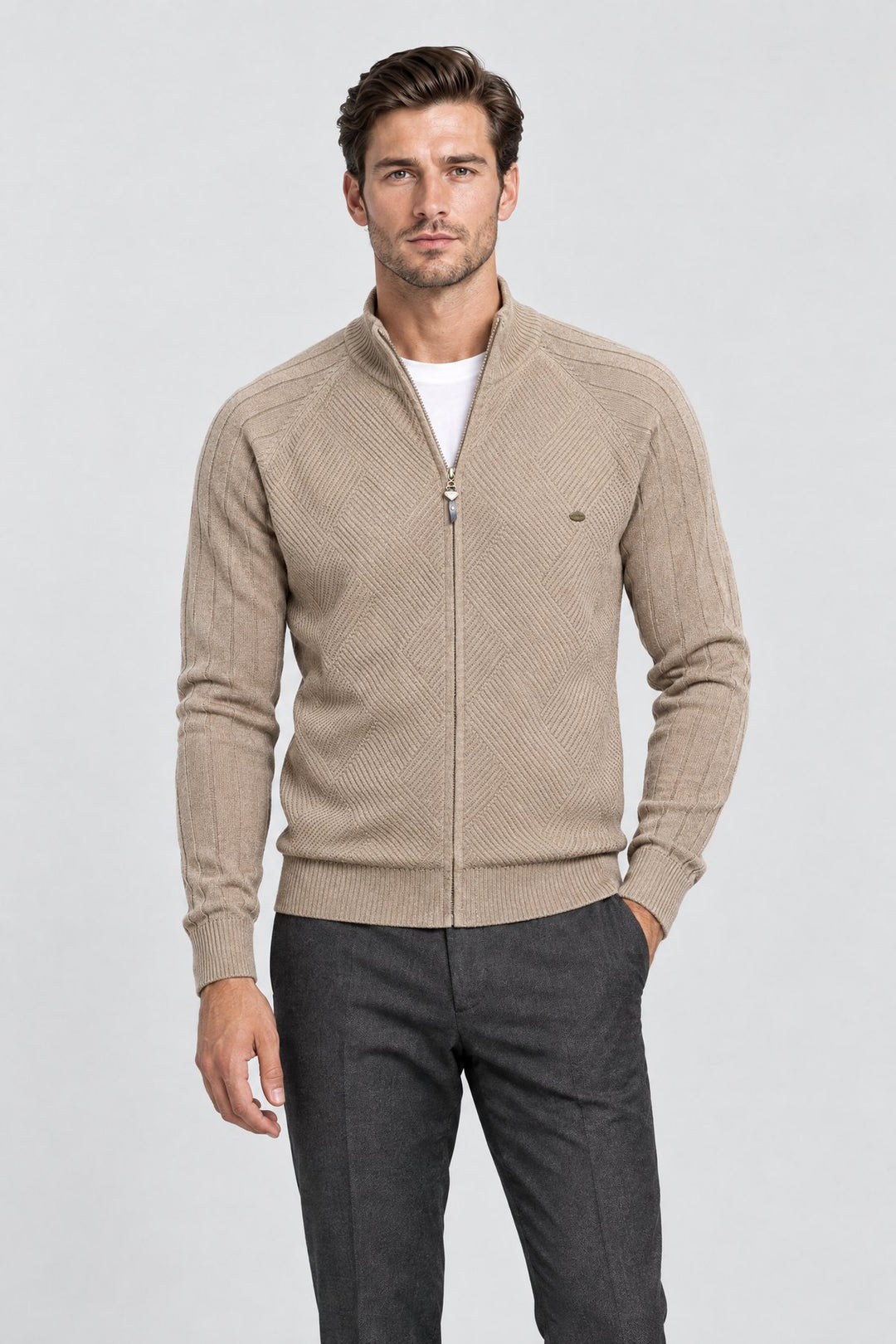 The Holland Zip Cardigan in Sand worn by model