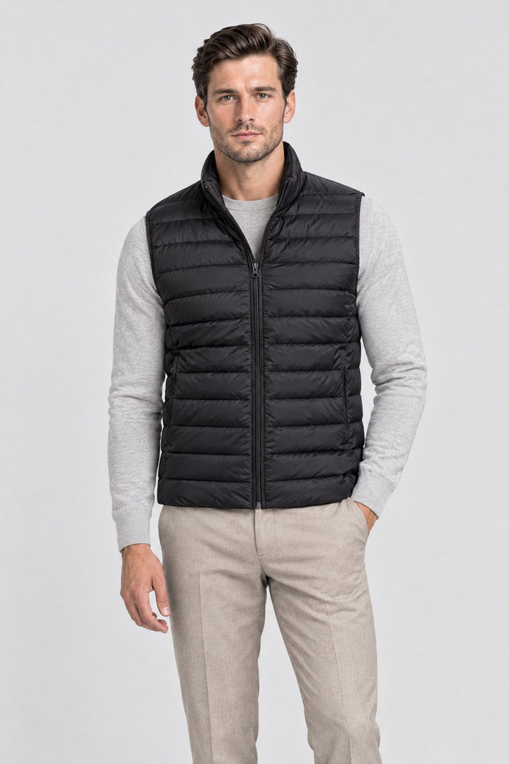 The Hyde Quilted Gilet in Black, on model