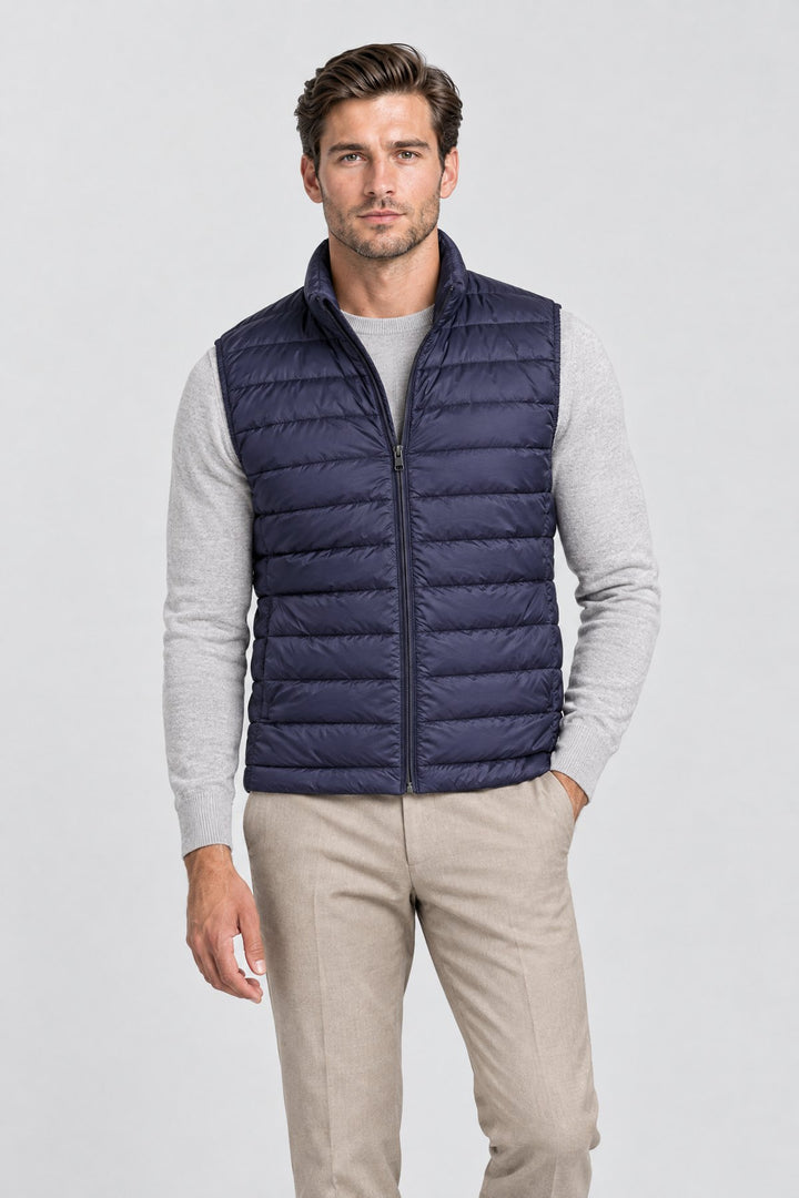 The Hyde Quilted Gilet in Navy, on model