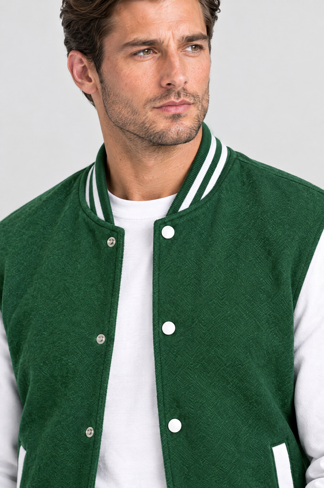 The Islington Varsity Jacket in Bottle Green, close-up detail