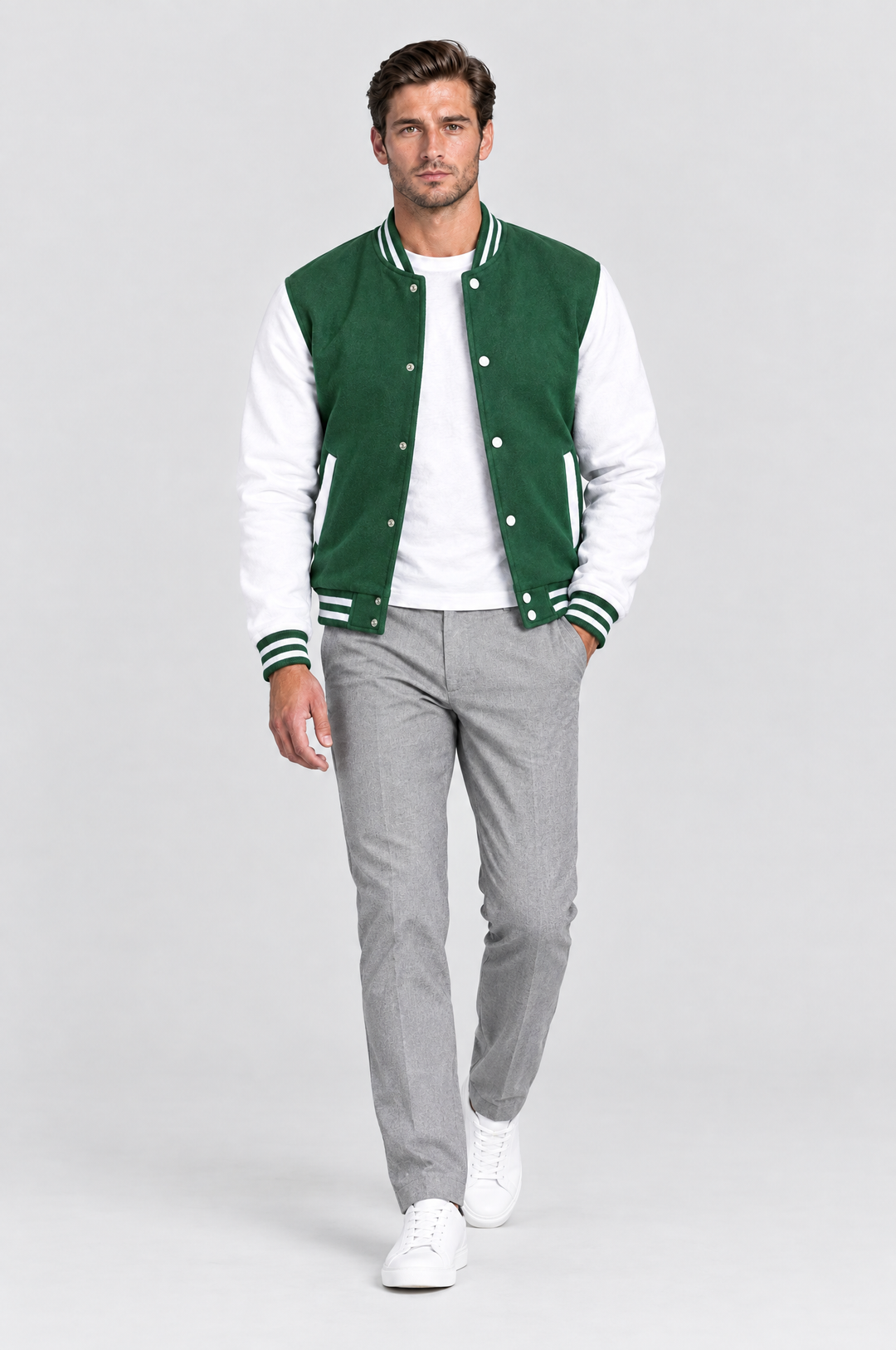 The Islington Varsity Jacket in Bottle Green, on model, full length