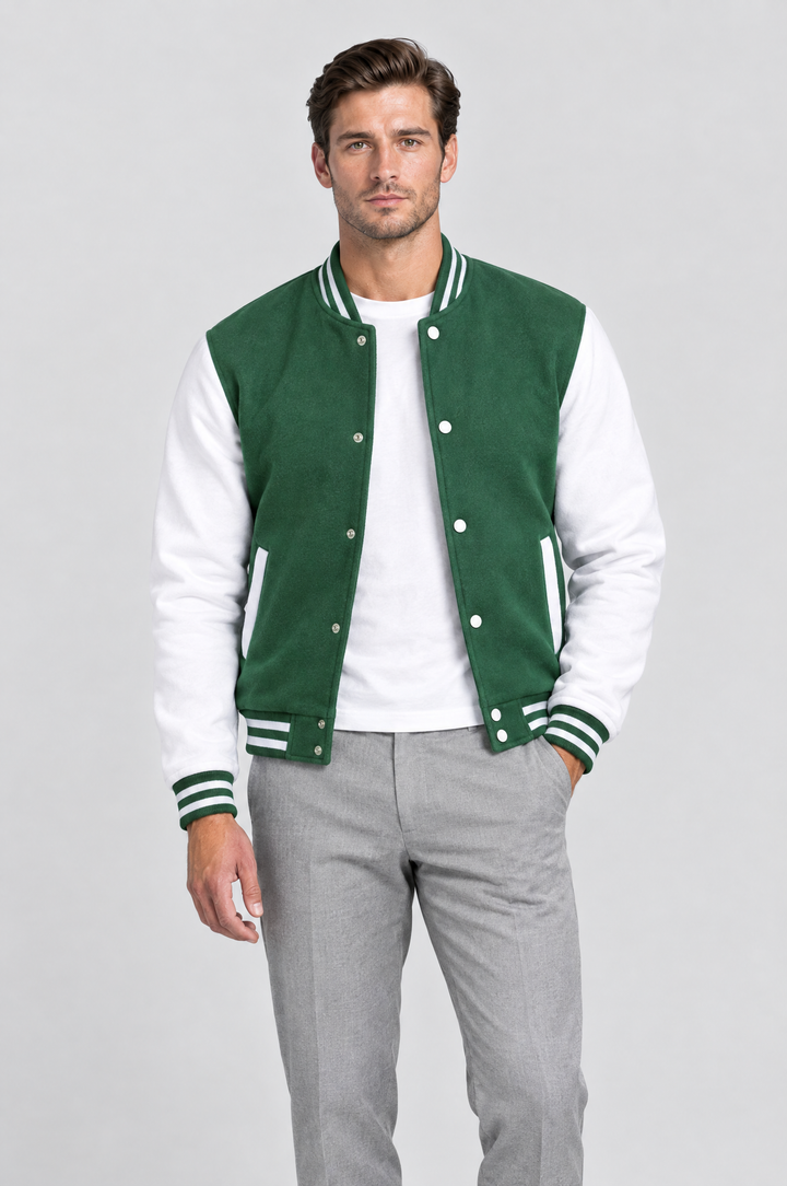 The Islington Varsity Jacket in Bottle Green, on model, front