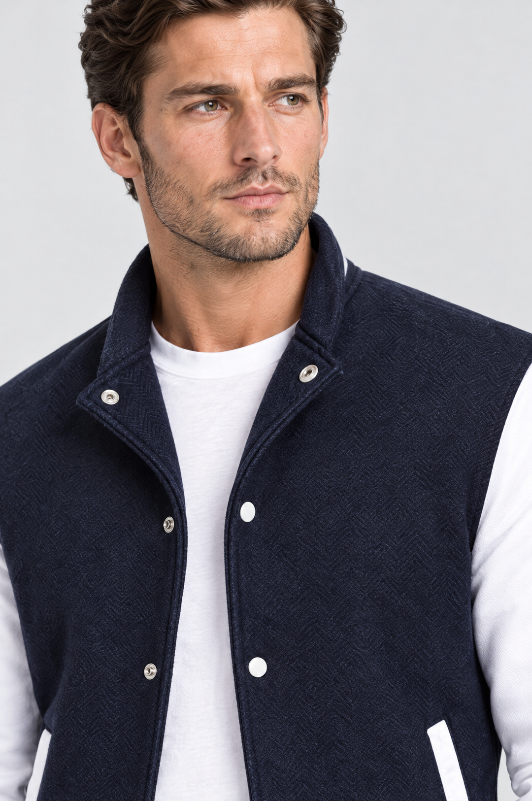 The Islington Varsity Jacket in Navy, close-up detail