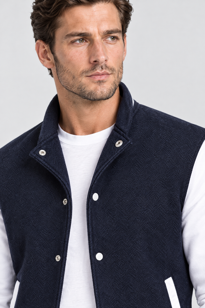 The Islington Varsity Jacket in Navy, close-up detail