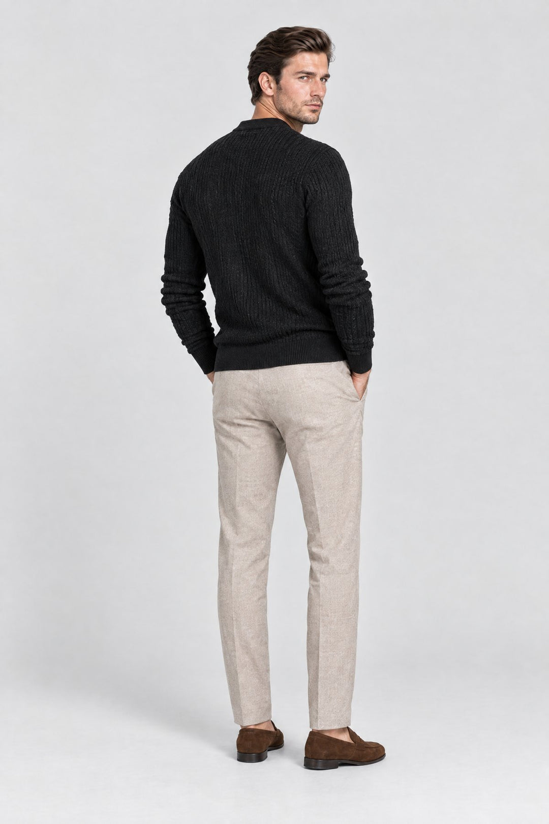 The Kensington Ribbed Henley in Black, back view