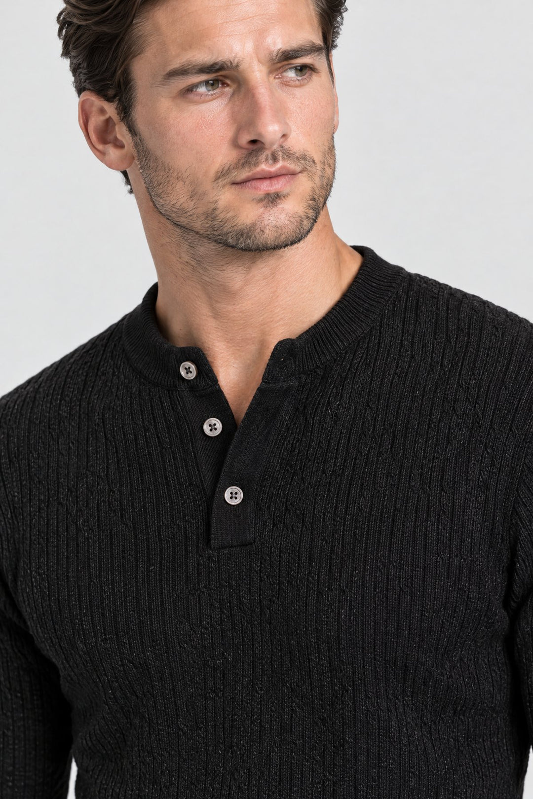 The Kensington Ribbed Henley in Black, detail