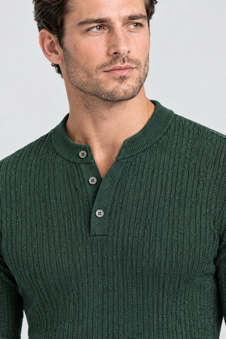 The Kensington Ribbed Henley in Forest Green, detail