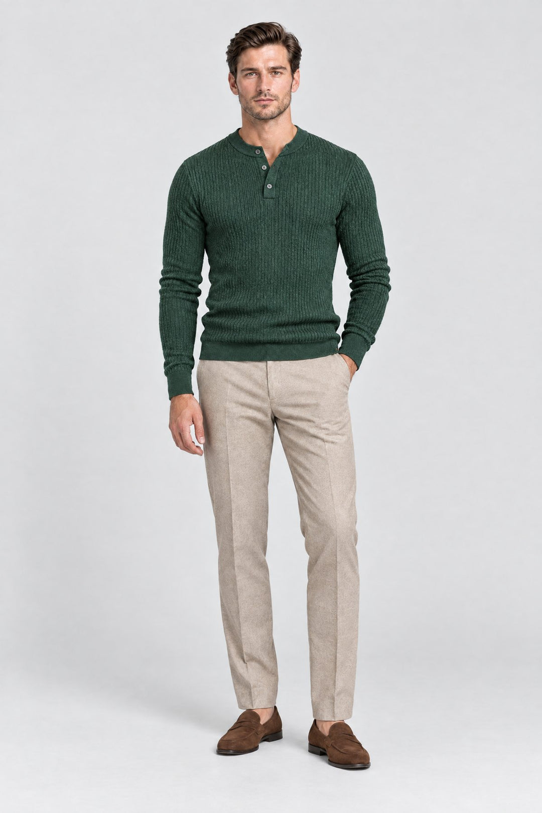 The Kensington Ribbed Henley in Forest Green, full length