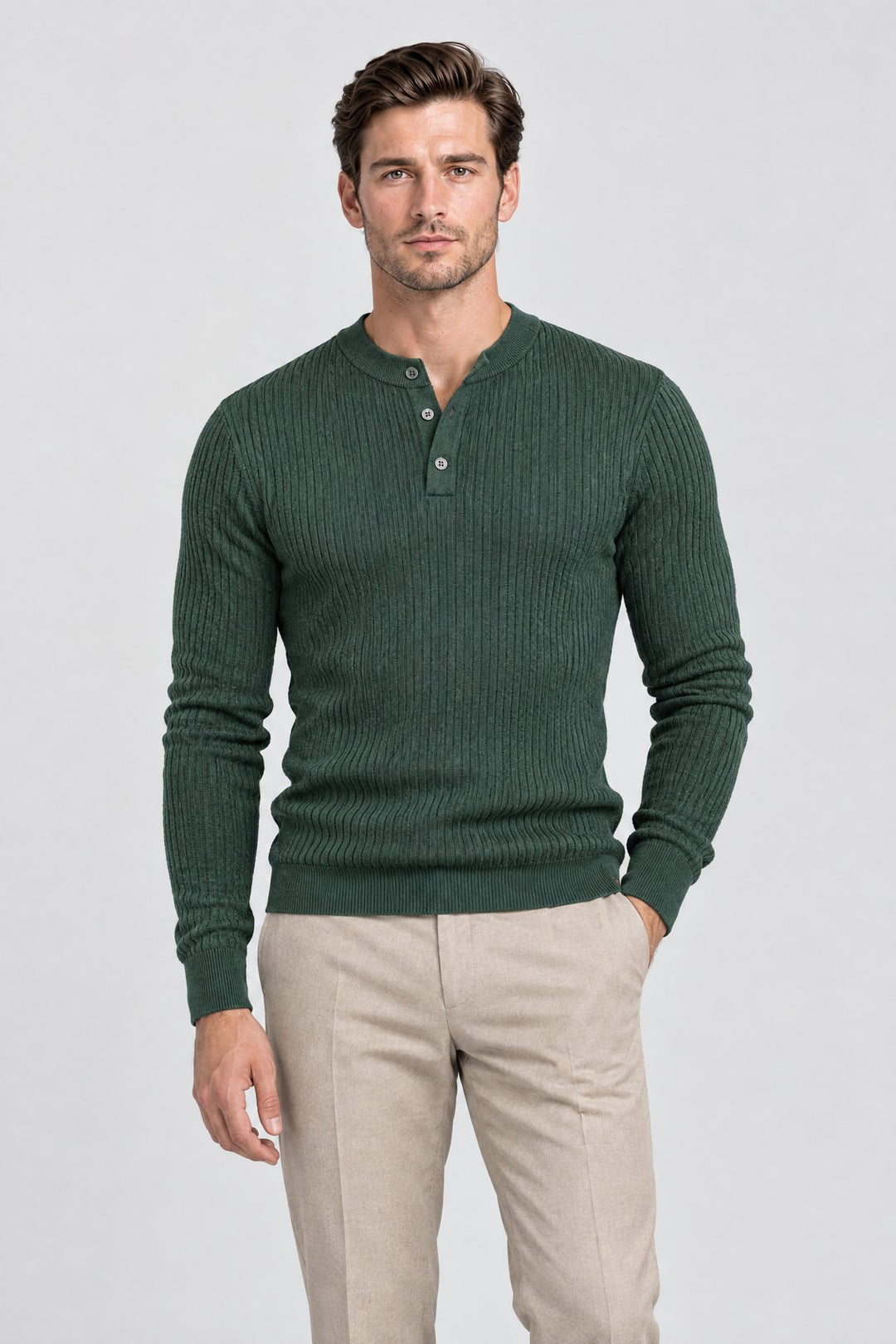The Kensington Ribbed Henley in Forest Green worn by model