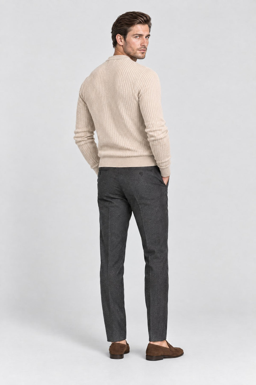The Kensington Ribbed Henley in Oat, back view