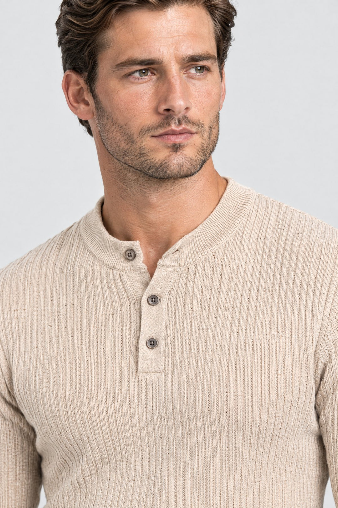 The Kensington Ribbed Henley in Oat, detail