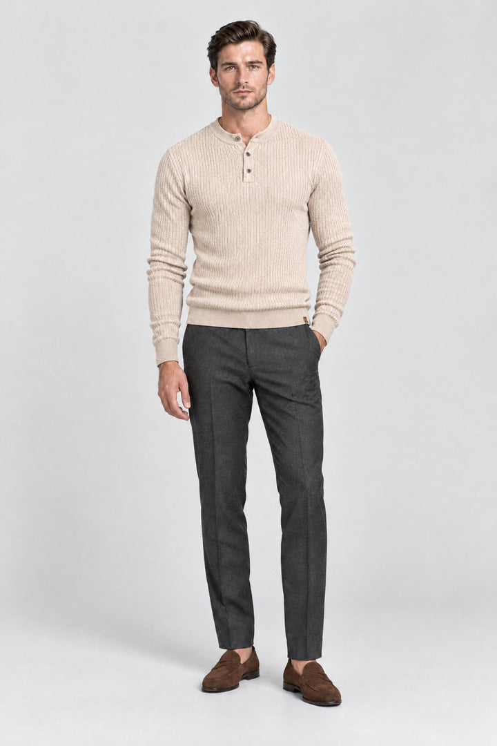 The Kensington Ribbed Henley in Oat, full length