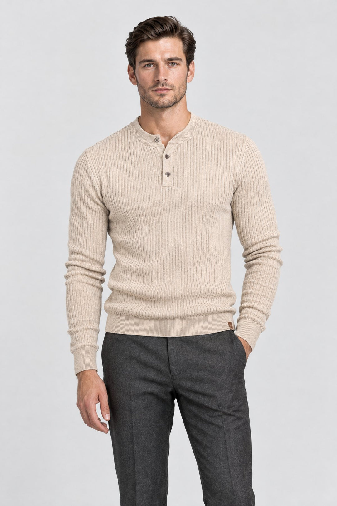 The Kensington Ribbed Henley in Oat worn by model