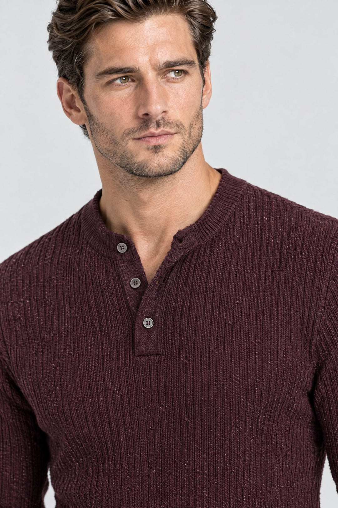 The Kensington Ribbed Henley in Oxblood, detail