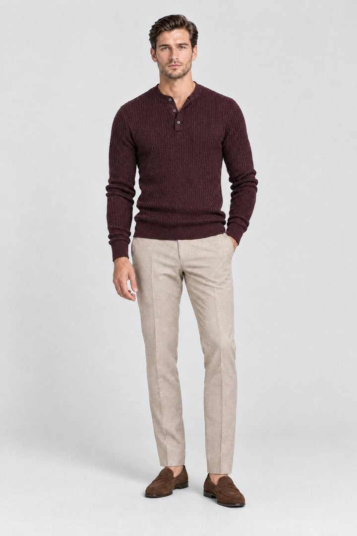 The Kensington Ribbed Henley in Oxblood, full length