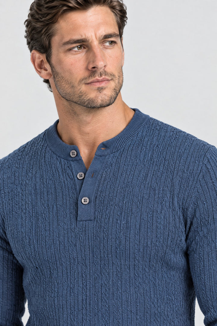 The Kensington Ribbed Henley in Slate Blue, detail