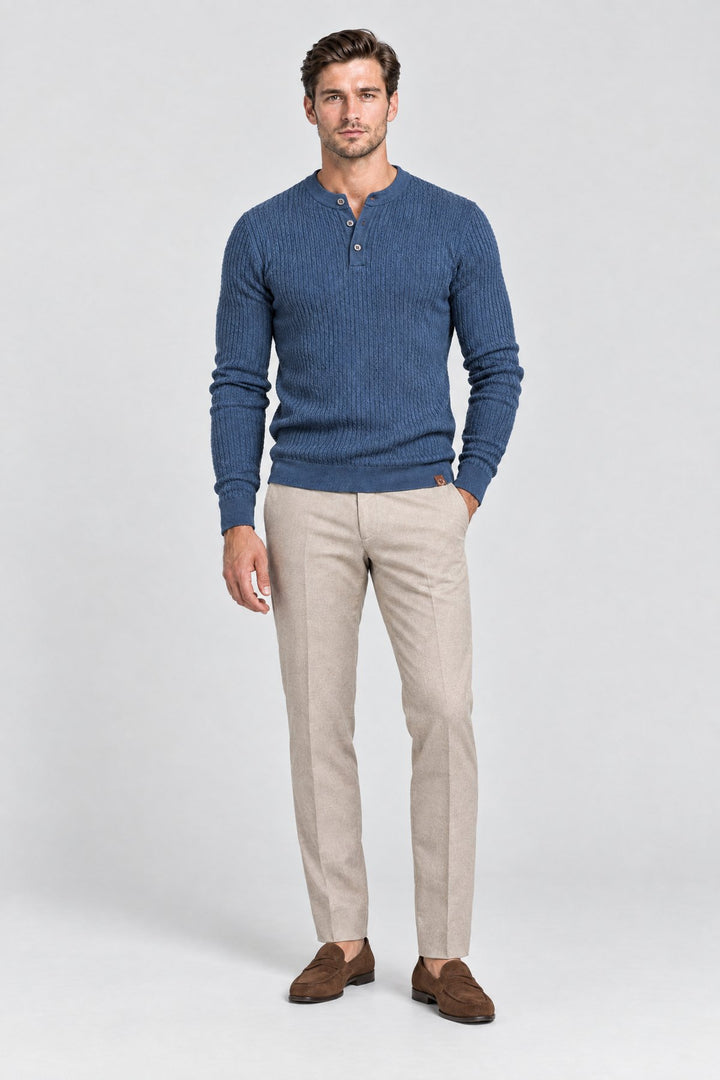 The Kensington Ribbed Henley in Slate Blue, full length
