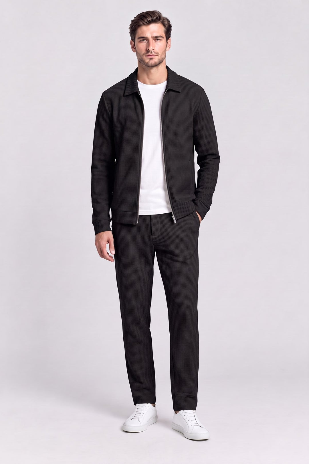 The Kingsway Waffle Knit Set in Black – men&