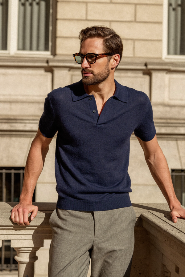 Navy knit polo on a Mayfair balcony