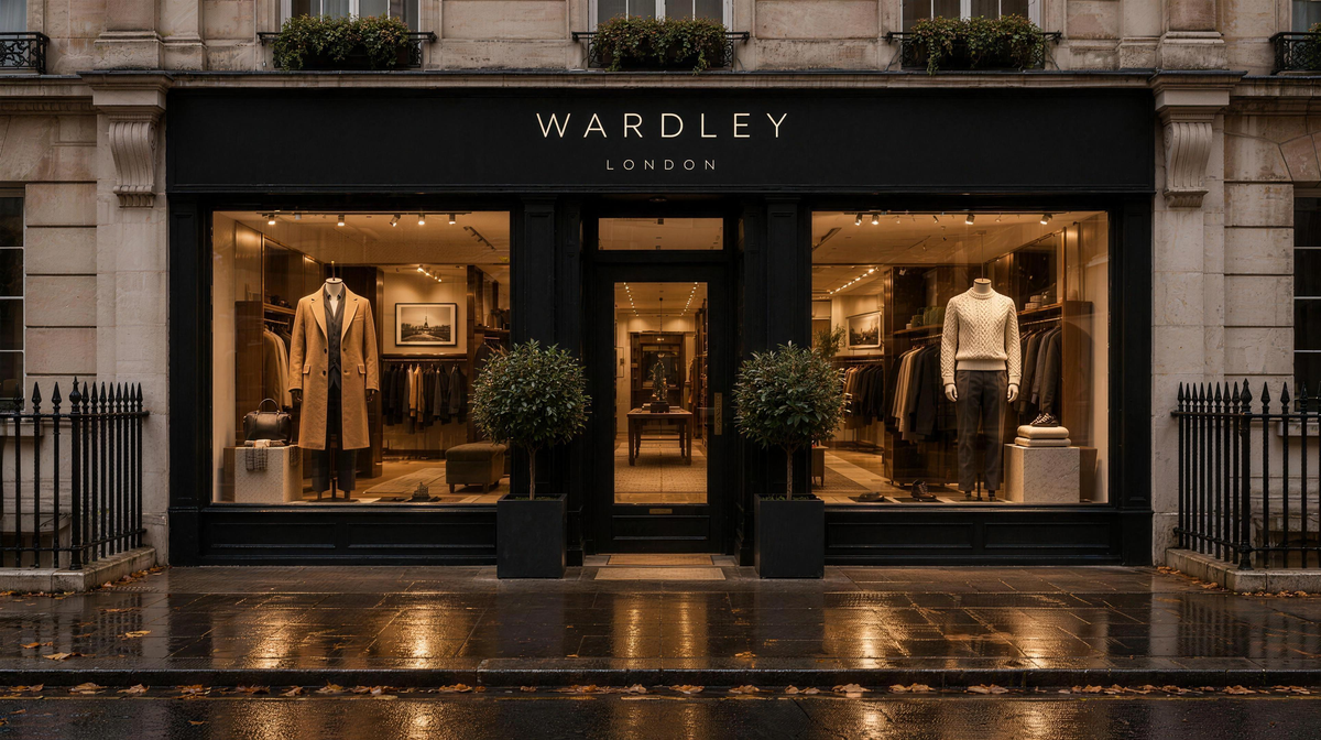 Concept visual of the WARDLEY London flagship store front at dusk
