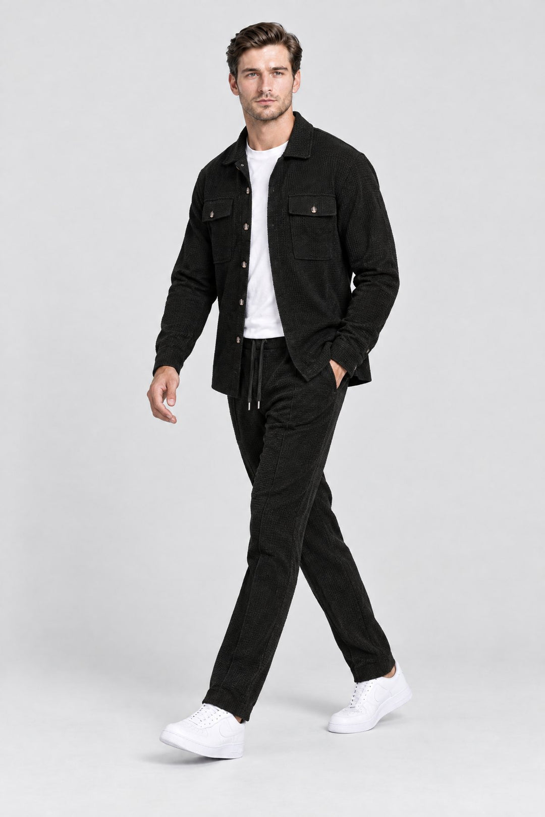 The Marlow Waffle Set in Black, side view