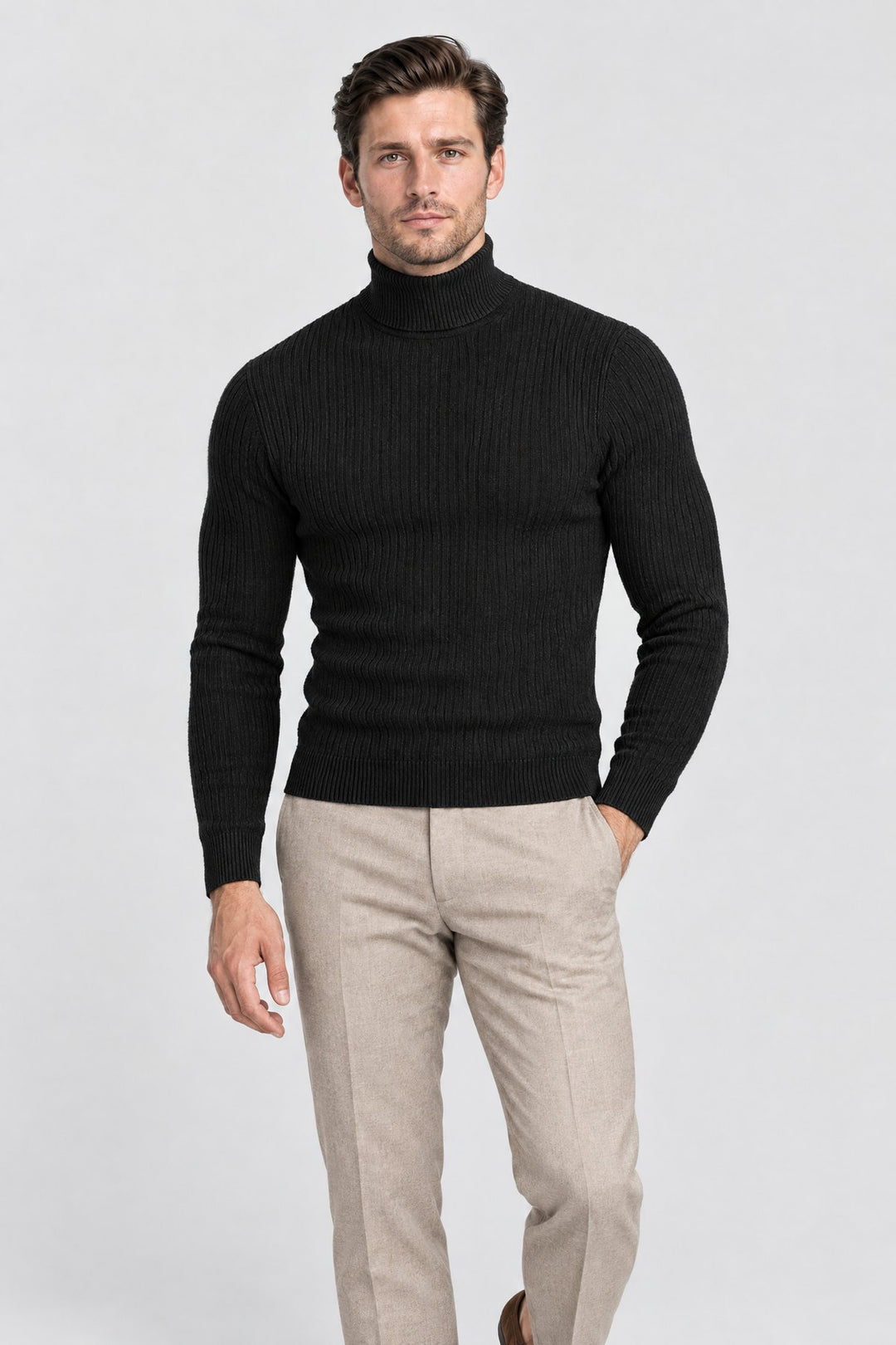 The Marylebone Roll Neck in Black, on model