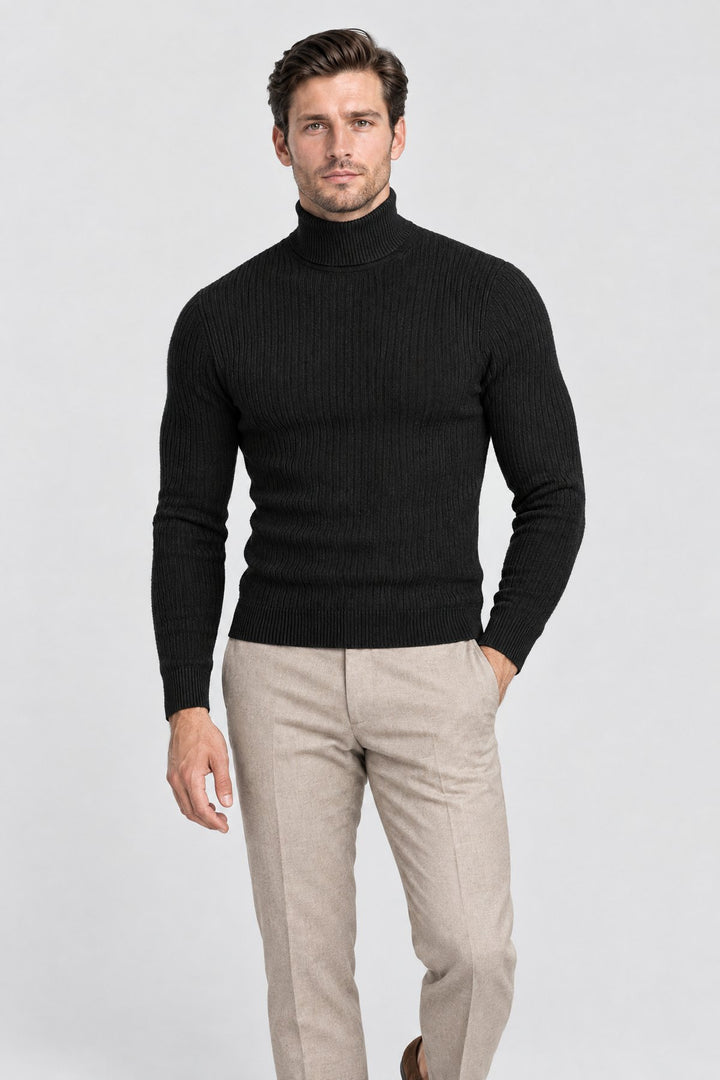The Marylebone Roll Neck in Black, on model