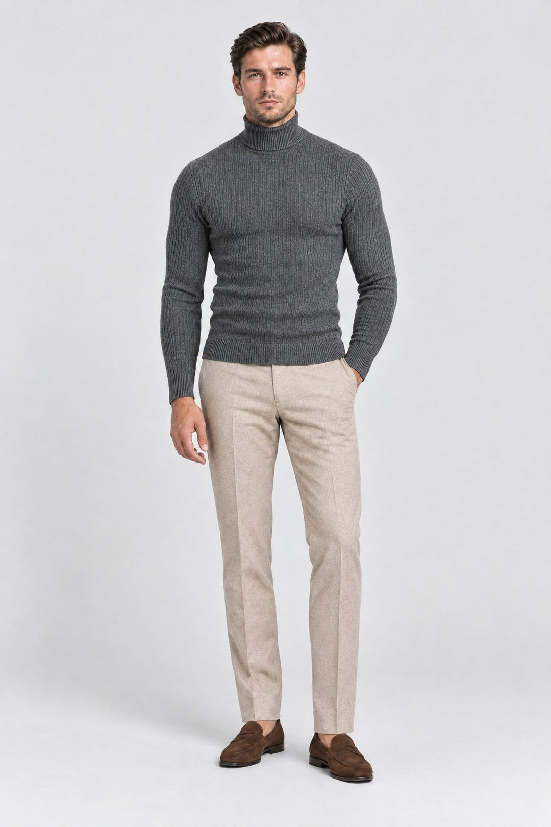 The Marylebone Roll Neck in Charcoal, full length