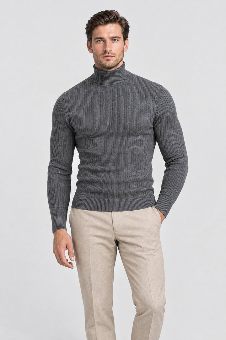 The Marylebone Roll Neck in Charcoal, on model