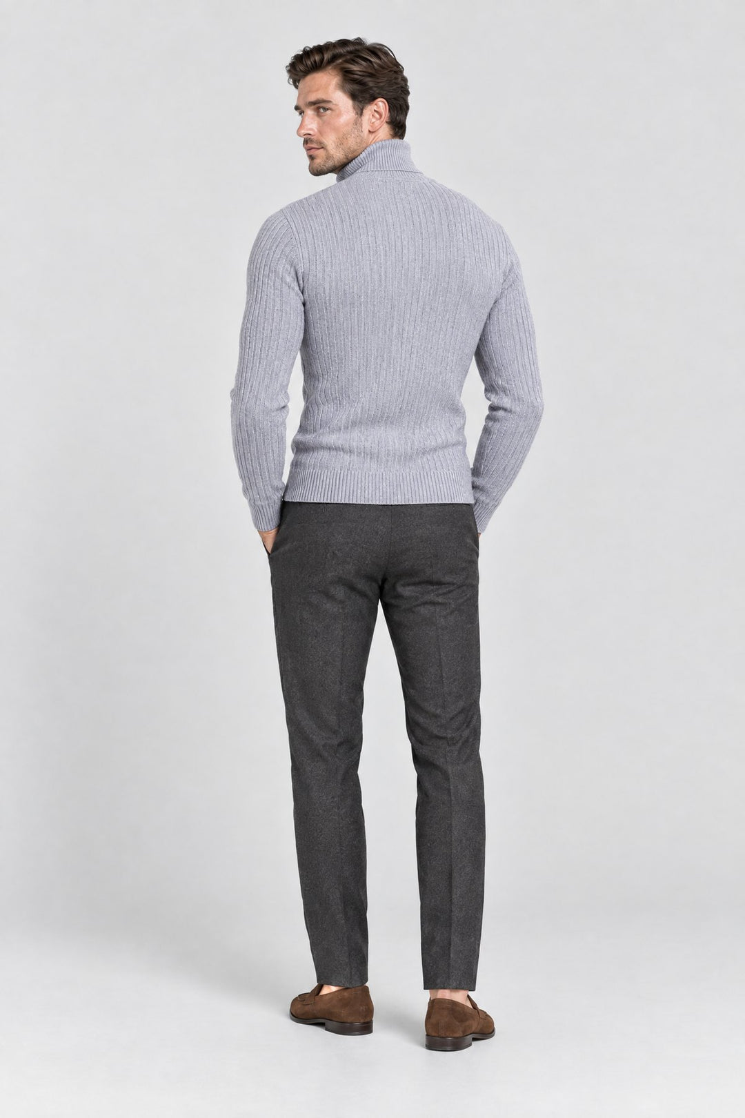 The Marylebone Roll Neck in Light Grey, back view