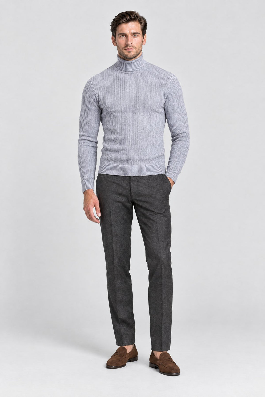The Marylebone Roll Neck in Light Grey, full length
