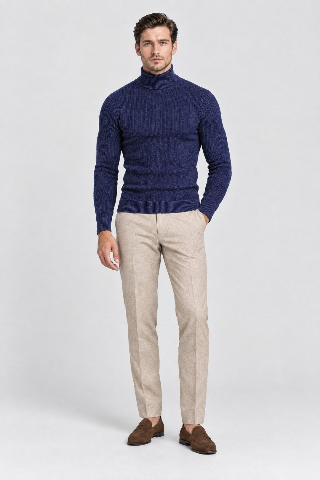 The Marylebone Roll Neck in Navy, full length