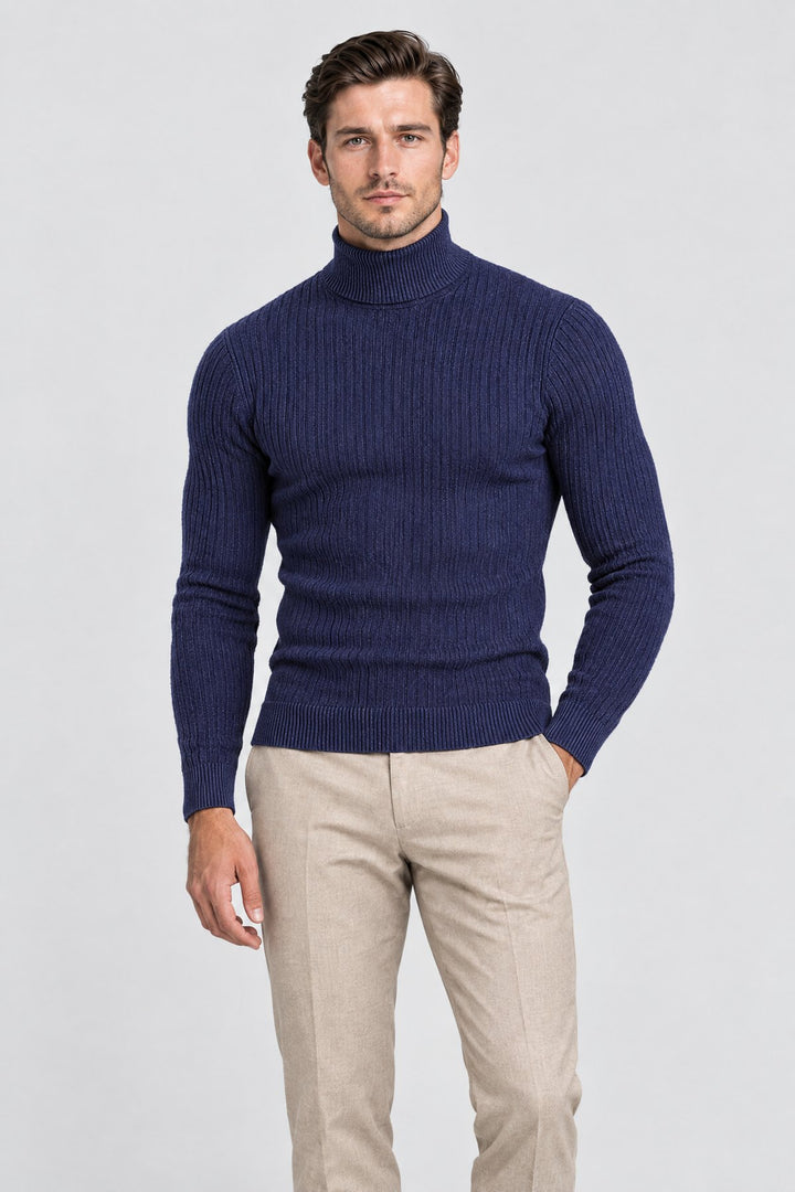The Marylebone Roll Neck in Navy, on model