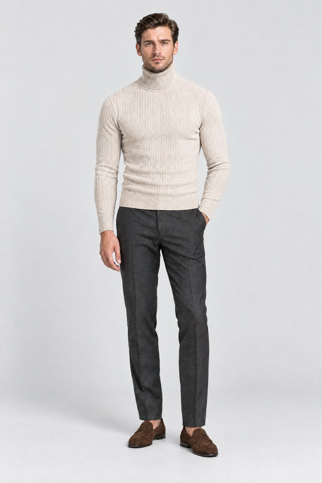 The Marylebone Roll Neck in Oat, full length