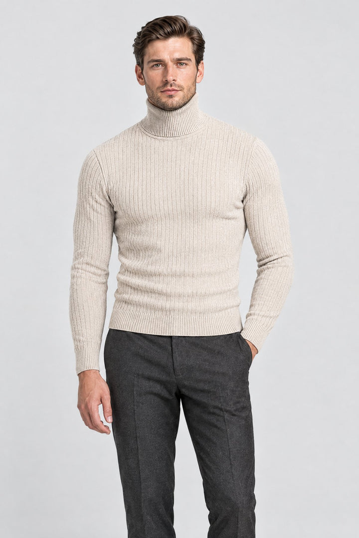 The Marylebone Roll Neck in Oat, on model