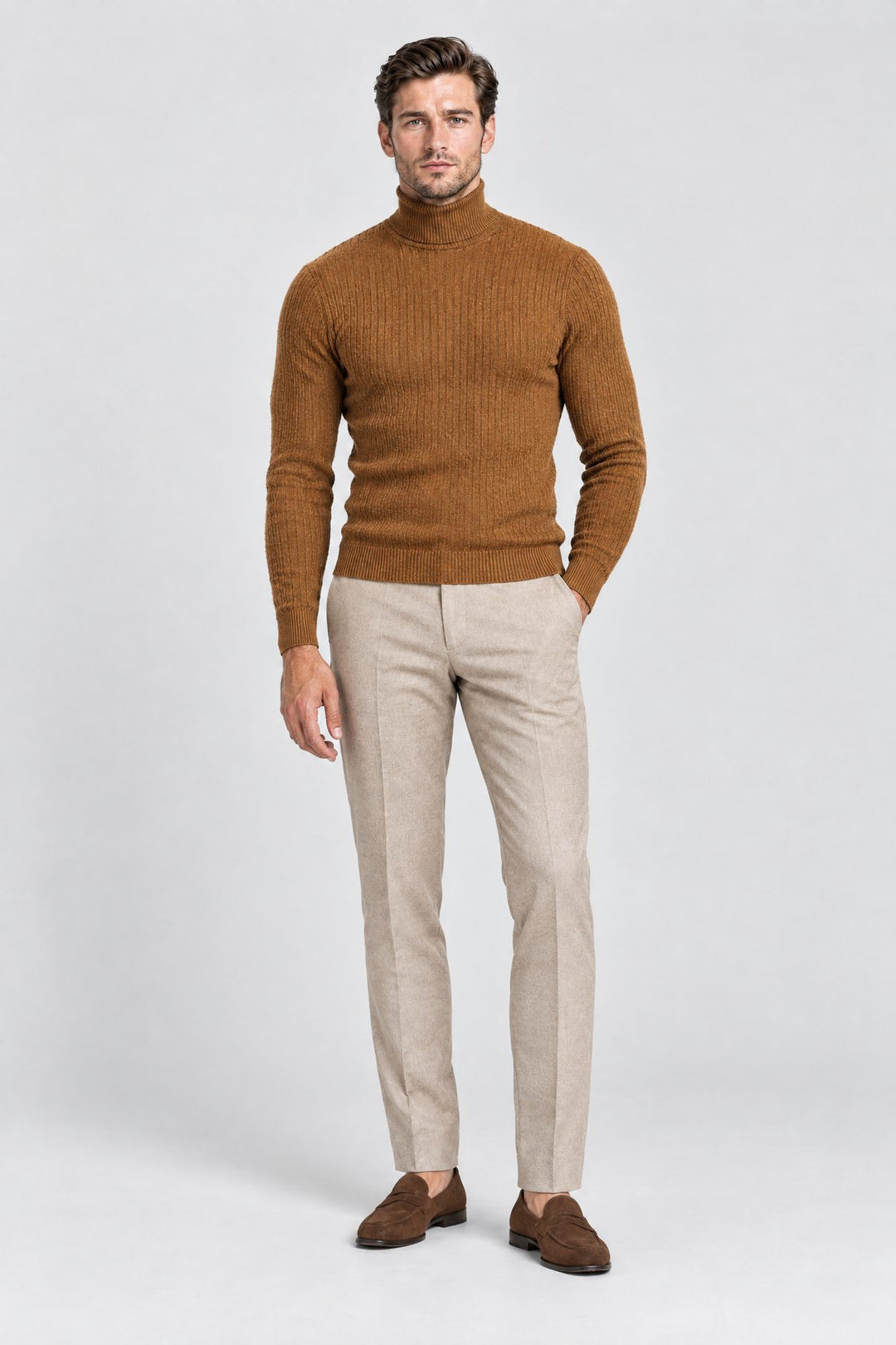 The Marylebone Roll Neck in Tobacco, full length