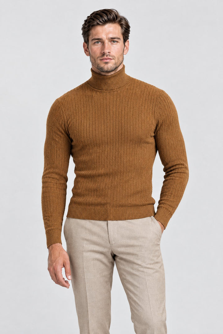 The Marylebone Roll Neck in Tobacco, on model