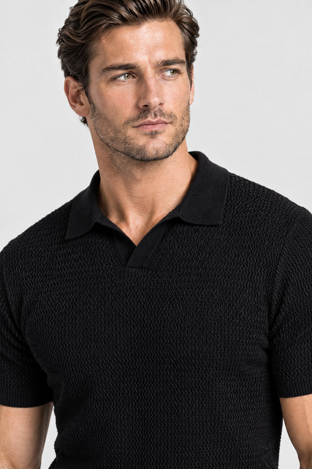 The Mayfair Knitted Polo in Black, detail