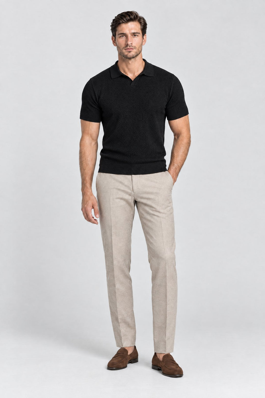 The Mayfair Knitted Polo in Black, full length